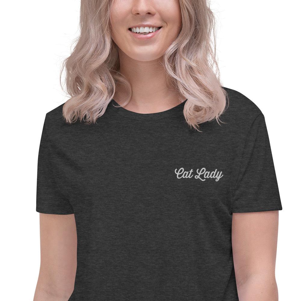 Women's Cat Lady Embroidered Crop Tee - Psychedelic Purr