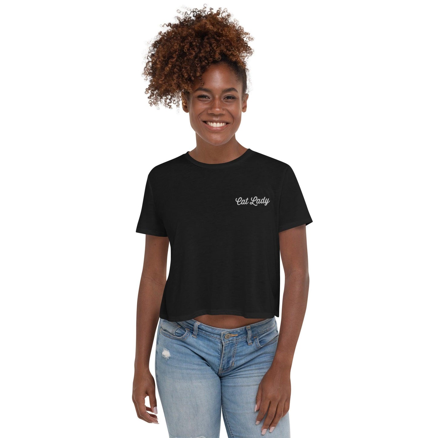 Women's Cat Lady Embroidered Crop Tee - Psychedelic Purr