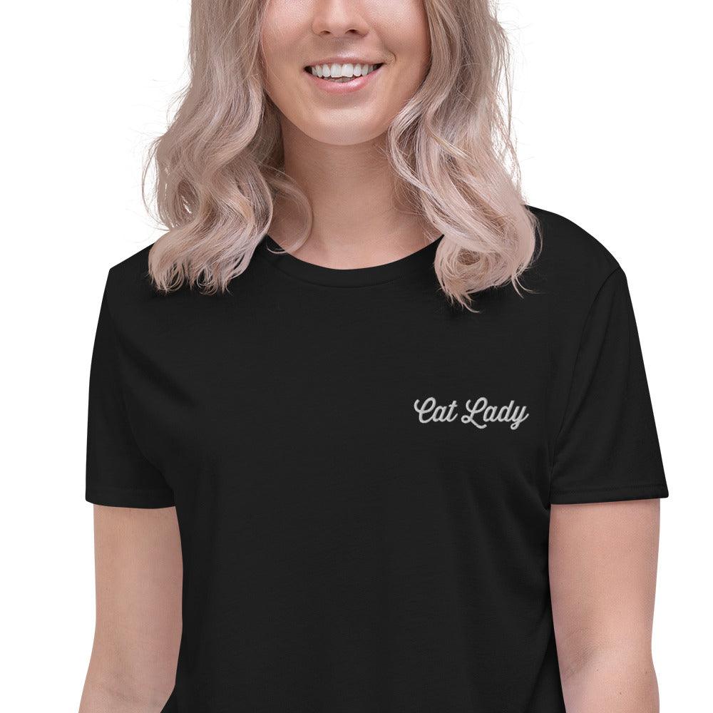 Women's Cat Lady Embroidered Crop Tee - Psychedelic Purr