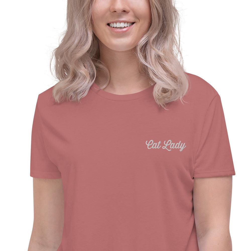 Women's Cat Lady Embroidered Crop Tee - Psychedelic Purr